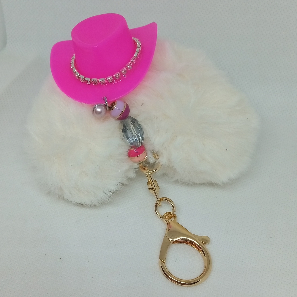Pink Beaded Cowgirl Hat and White Fur Heart Pom Pom Keychain NEW Handbag Charm